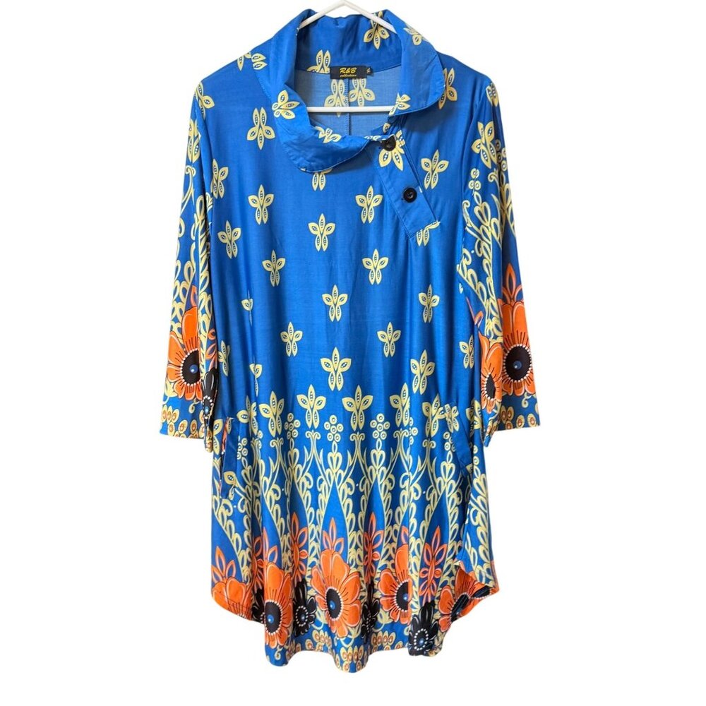 R&B Collection Flower Power Tunic Dress Size XL Floral Retro Blue Orange